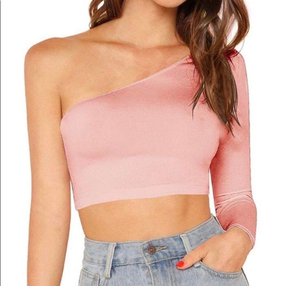 Pink one shoulder long sleeve crop top
